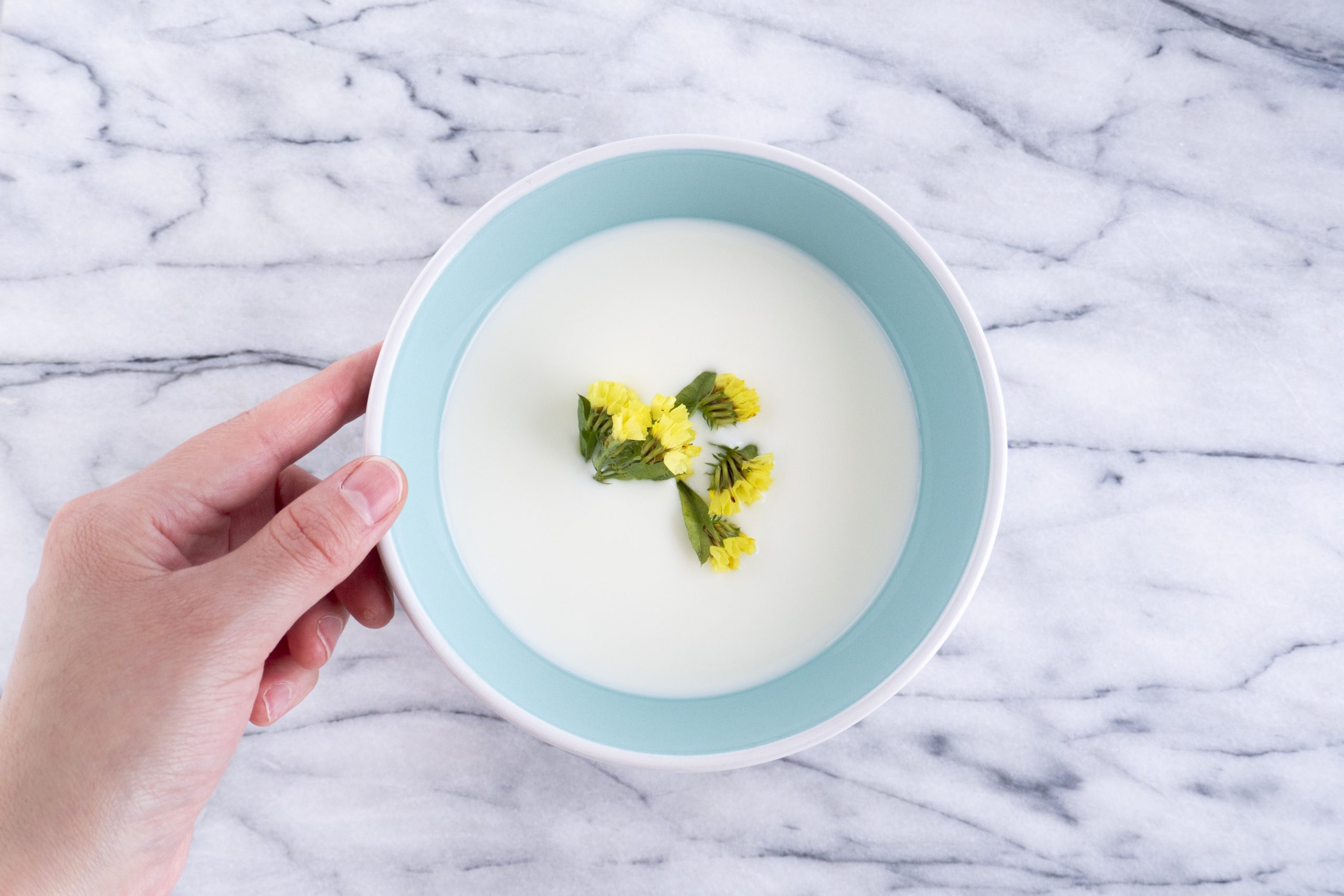 a hand touching teal colored bowl with yellow flowers floating in milk on marble surface