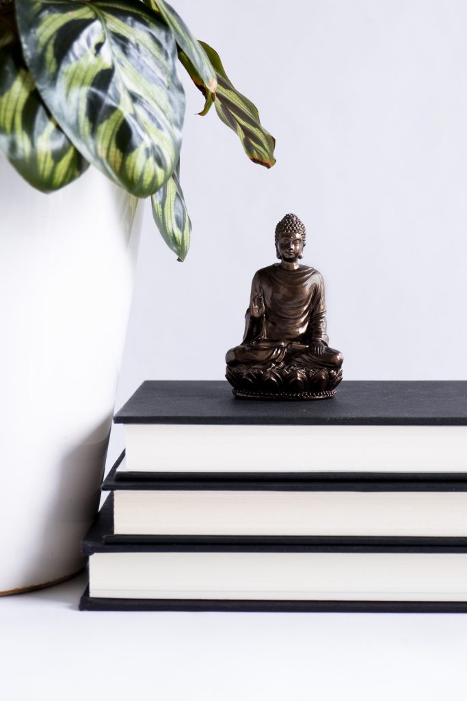 Small Buddha figurine on a stack of black books next to white potted plant
