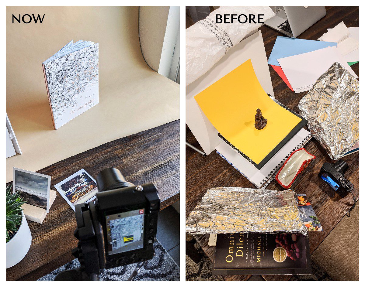 Left image of DIY photography setup of book next to window with camera, right DIY photography setup of  of Buddha figurine on book stack on table with papers and camera