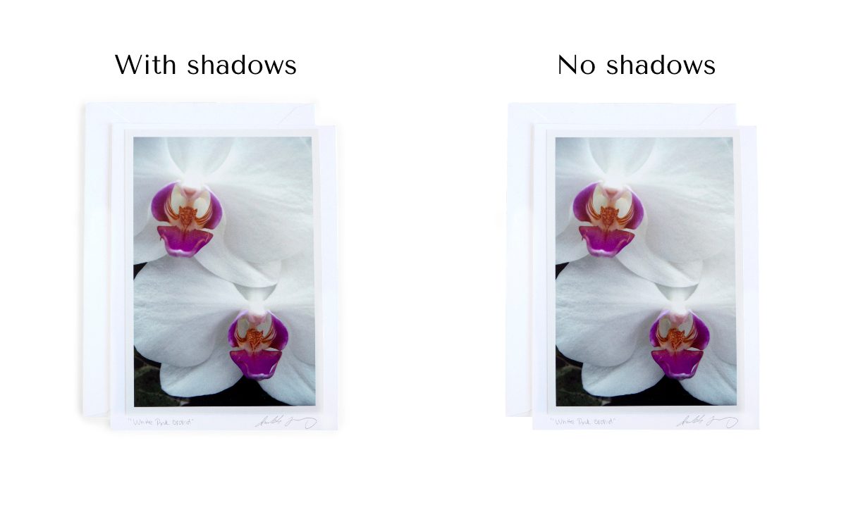 product photo orchid greeting card with drop shadow and without drop shadow
