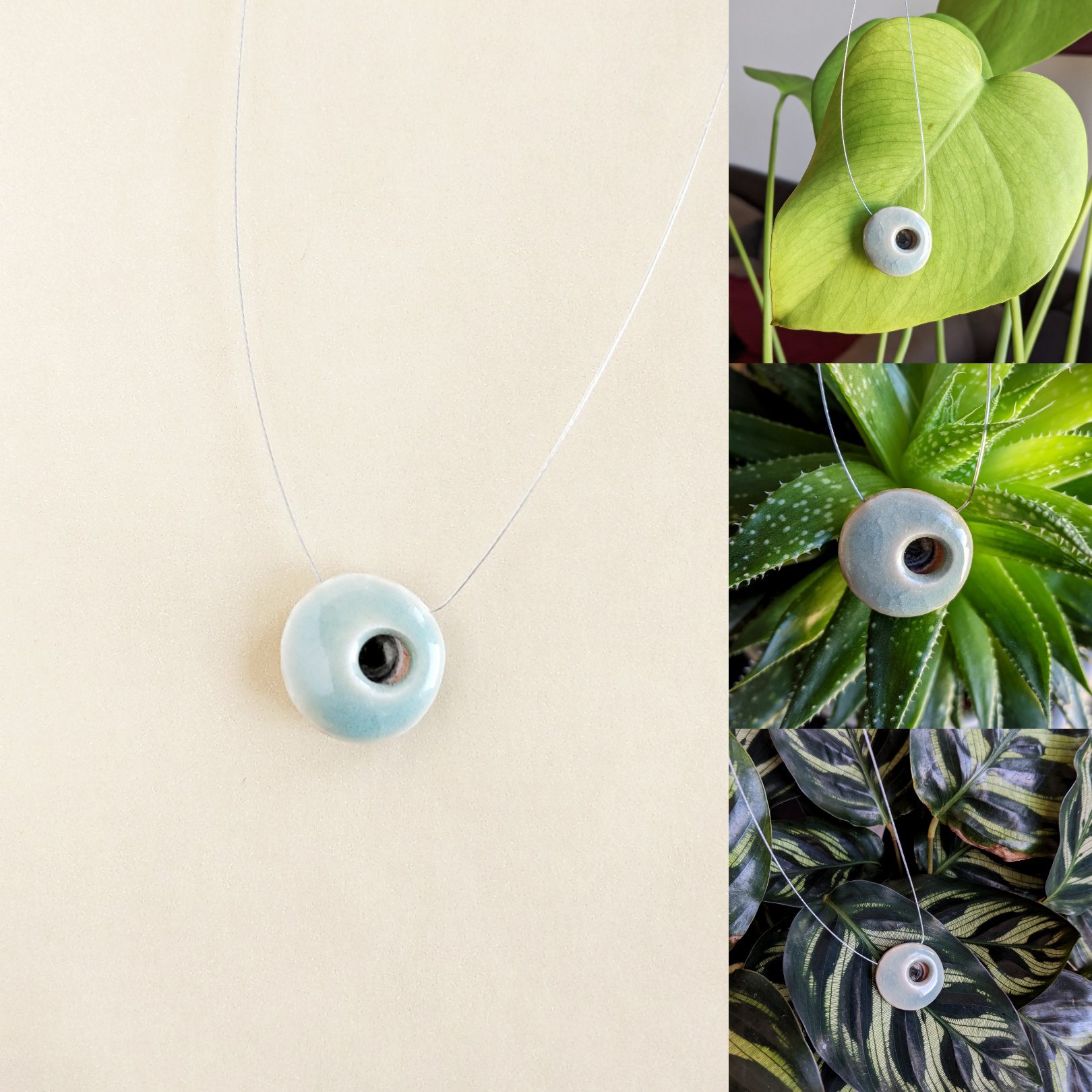 photos of a necklace against a plain background and 3 other photos of necklace photographed with plants behind it